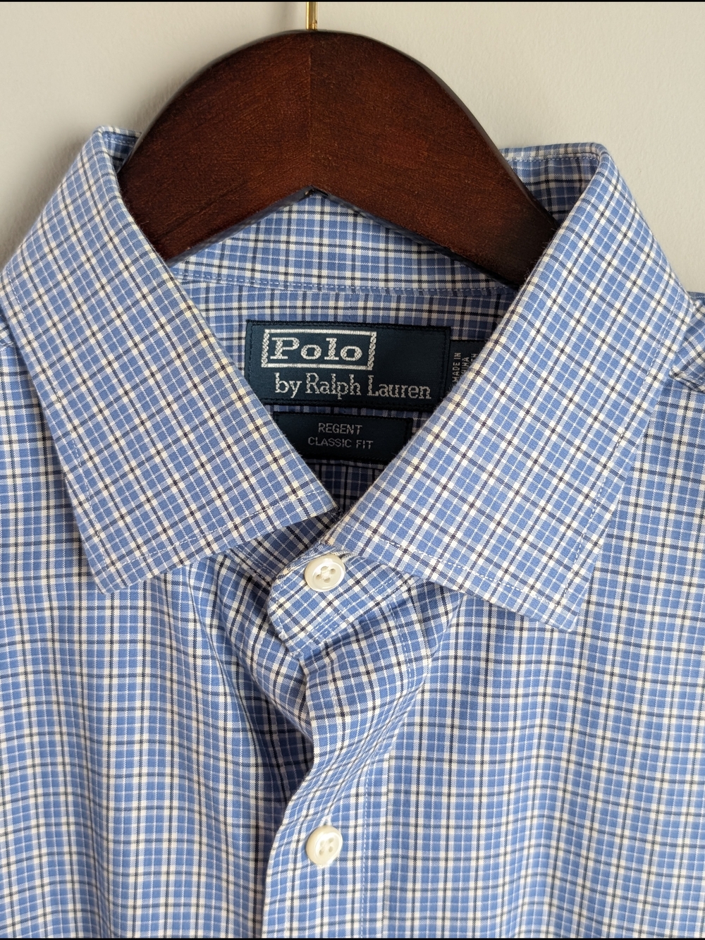 Polo Ralph Lauren Regent Shirt Mens 17 34/35 Classic Fit Blue Plaid Cotton